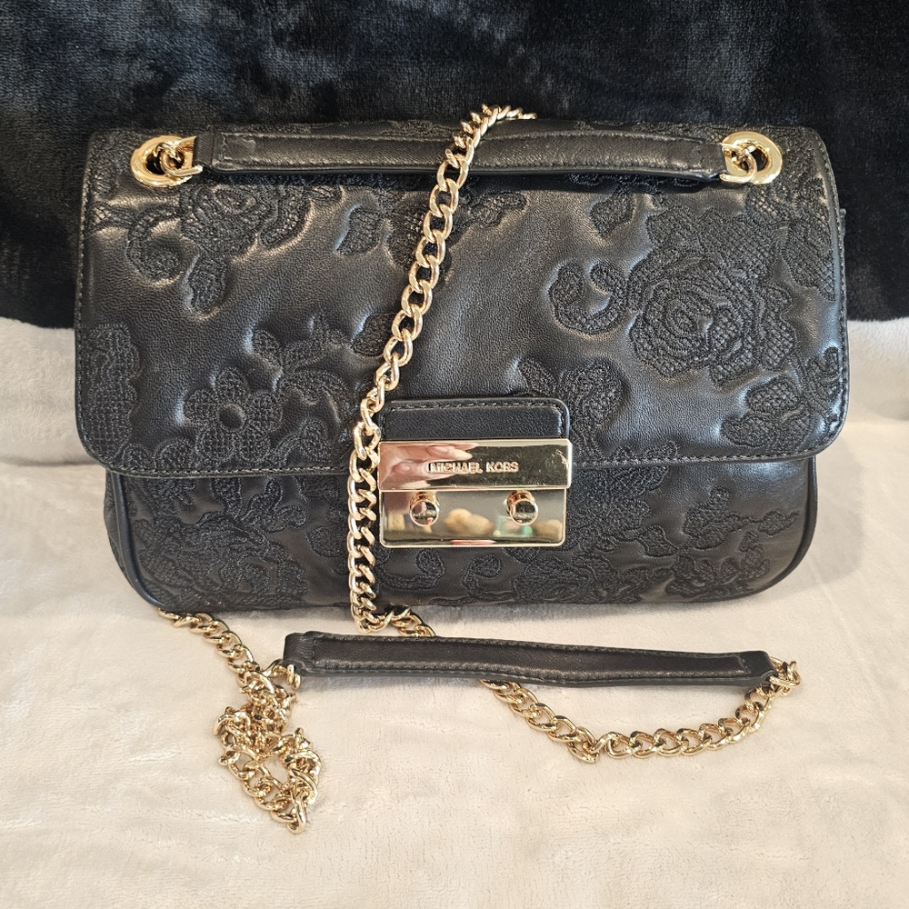 Michael Kors Black Floral Shoulder Bag with Gold Chain- VERY LIGHTLY USED